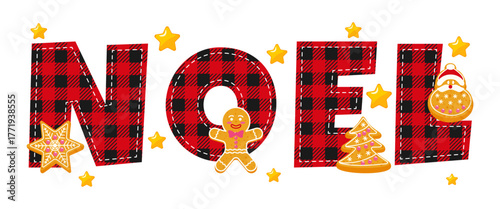 NOEL text with buffalo plaid pattern, stitching, and Christmas gingerbread cookies santa, man, snowflake, and tree.
