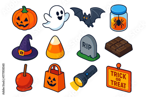 Halloween Icon Collection. Isometric vector illustration set Halloween Trick or Treat Icons: carved pumpkin, giggling ghost,