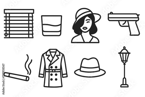 Film Noir Icons. Line style icons of Film Noir: Venetian Blinds, Whiskey Glass, Femme Fatale, Pistol, Smoking Cigarette, Trench