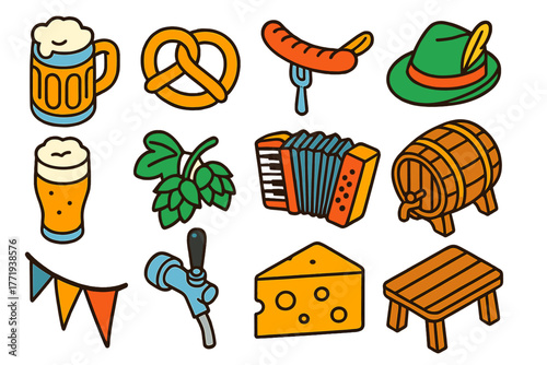 Alpine Celebration Icons. Isometric vector illustration set Alpine Celebration Linear Icons: beer stein, pretzel, grilled sausage,
