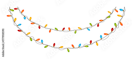 Colorful Christmas string lights garland on white background. Festive holiday decoration with multicolor bulbs for celebration design