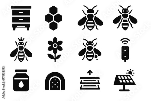 Ventilation beehive smart queen hive solar icon basket vector honey system