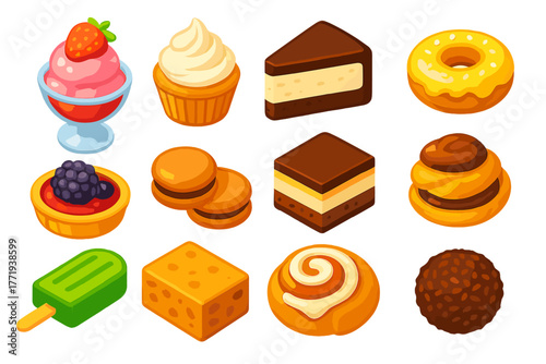 Bold Dessert Icons. Isometric vector illustration set dessert icons: strawberry sundae ice cream, vanilla frosting cupcake,