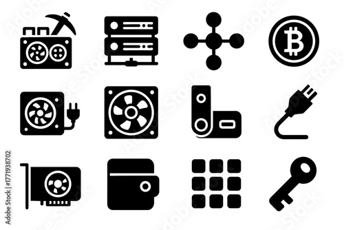 Crypto icons cable network ledger device rig vector server coin icon grid
