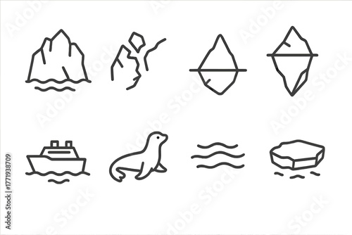 Line Style Iceberg Icons. Line style icons of Glacier Iceberg: Glacier Edge, Calving, Iceberg Tip, Underwater Mass, Ship, Seal,