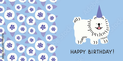 Happy birthday greeting card with funny cartoon chow chow dog in a party hat. Ready design. Vector postcard with cute animal, little puppy. Seamless pattern flowers back side. Blue and purple colors.