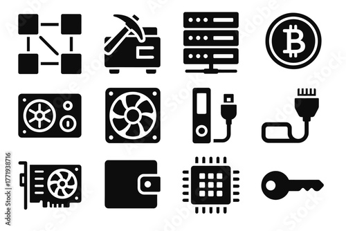 Cryptocurrency card key hash cooling fan set cable vector icon blockchain crypto