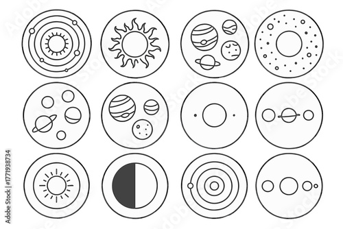 Solar System Icons. Line style icons of solar system in round shape: sun center, orbit lines, planetary alignment, asteroid belt;