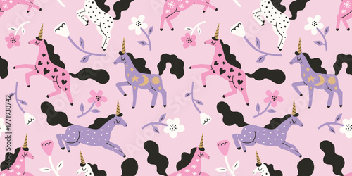 Cartoon beautiful unicorns seamless pattern in pink and violet pastel colors. Cute fairy tale horses with magic horn and flowers. Illustration for printing on fabric, packaging paper. Cute background.