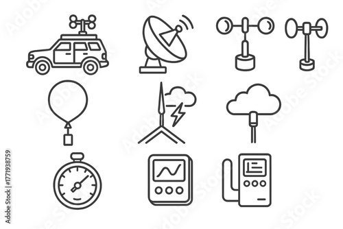 Weather Research Icons. Line style icons of Weather Research: Storm Chaser, Radar Dish, Anemometer, Weather Balloon, Lightning Rod