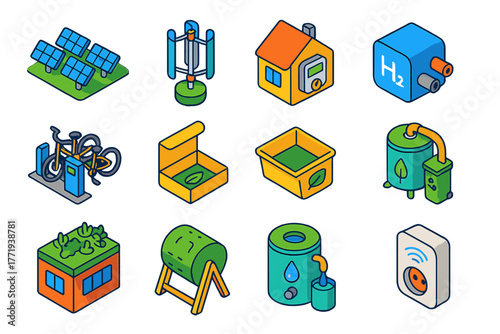 Sustainable Tech Icons. Isometric vector illustration set technology and sustainability: community solar field, vertical wind