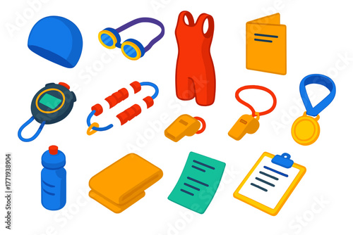 Swim Meet Essentials Icons. Isometric vector illustration set Swim Meet Essentials: swim cap, goggles, race suit, event program,