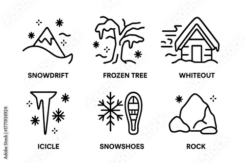Mountain Blizzard Icons. Line style icons of Mountain Blizzard: Snowdrift, Frozen Tree, Whiteout, Shelter, Icicle, Snowflake,