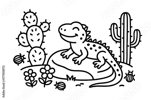 Lizard in Desert. Happy lizard basking on a warm stone with cacti, beetles, and desert flowers nearby, black and white line art,