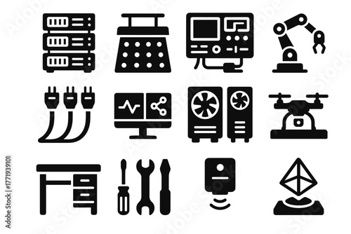 Workbench vector icon racks units cooling arms tech led control lights smart