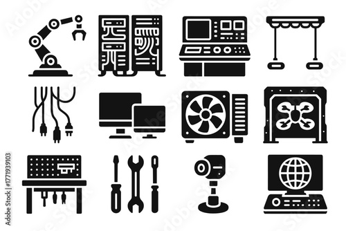 Workbench sensors icon station icons control racks tech vector server futuristic cooling