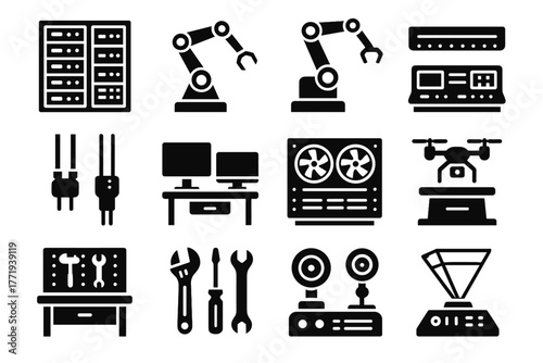 Cooling icons vector racks tech arms bunker icon cables robotic led server