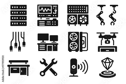 Lab workbench icon monitors digital panels cables sensors cooling vector display led