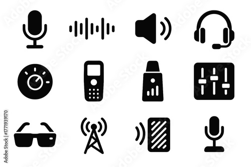 Voice glass speaker display vector set audio control recorder icon soundwave indicator