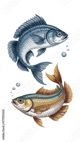vector
illustration of two fish in a ying yang style. anatomically correct depictions of both fish. one should be shades of blue and the other silvers and gold with a pearl iridescent sheen. smooth