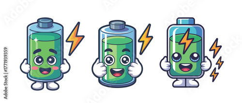 Cheerful battery characters expressing power, energy, and full charge with lightning bolts, perfect for tech and eco-friendly concepts