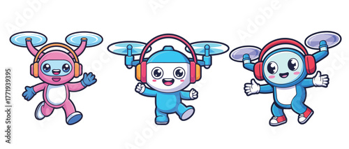 Adorable cartoon drones ready for fun, dynamic tech illustration perfect for education, games, and playful designs