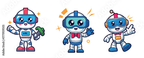 Charming VR robot characters exploring virtual reality experiences with futuristic technology and playful avatars for metaverse concepts