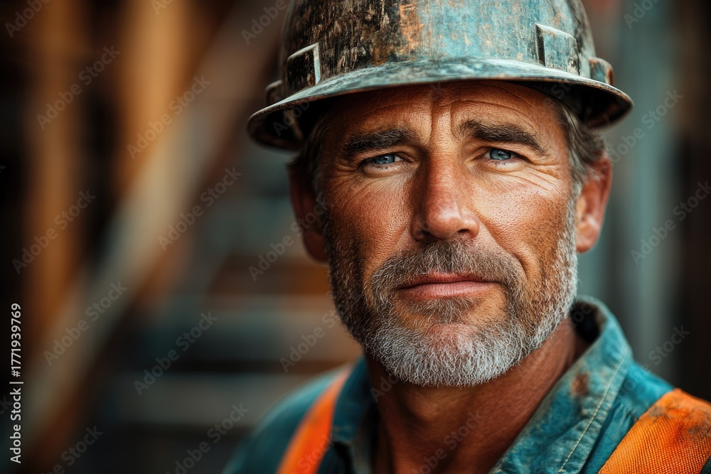 Fototapeta premium A close-up of a weathered, grey-bearded man with blue eyes, wearing a hard hat and work clothes, embodying strength and experience.