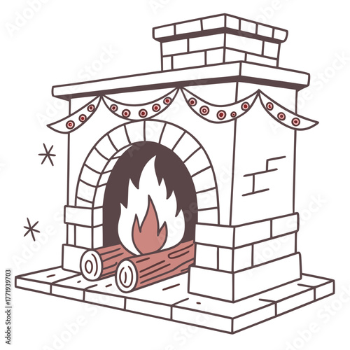 Cozy fireplace with burning logs and festive garland