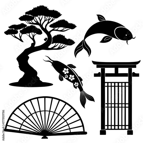 Japanese culture vector set with bonsai and koi