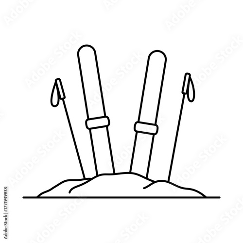 Skis and ski poles in the snow. Black outline line silhouette. Editable strokes. Front and side view. Vector simple flat graphic illustration. Isolated object on a white background.