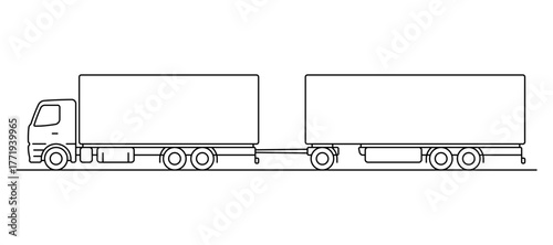 Truck with a trailer. Black outline linear silhouette. Editable strokes. Side view. Vector simple flat graphic illustration. Isolated object on a white background.