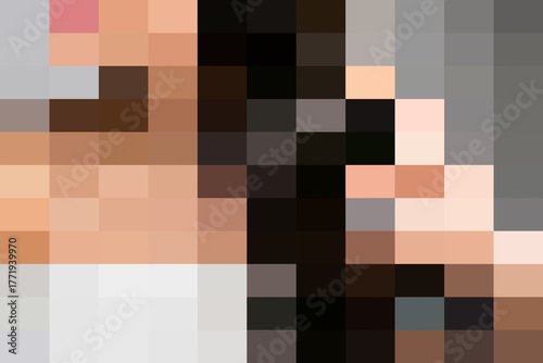 Closeup pixelated image showing a persons face and shoulder, with a hint of white clothing, against a muted background, suggesting a portrait or candid shot