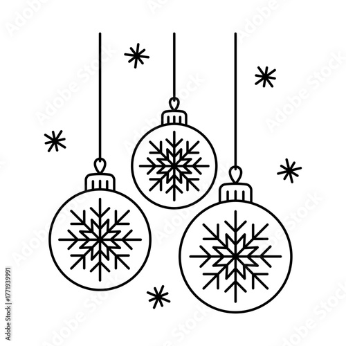 Hanging Christmas tree balls and snowflakes. Black outline line silhouette. Editable strokes. Front and side view. Vector simple flat graphic illustration. Isolated object on a white background.