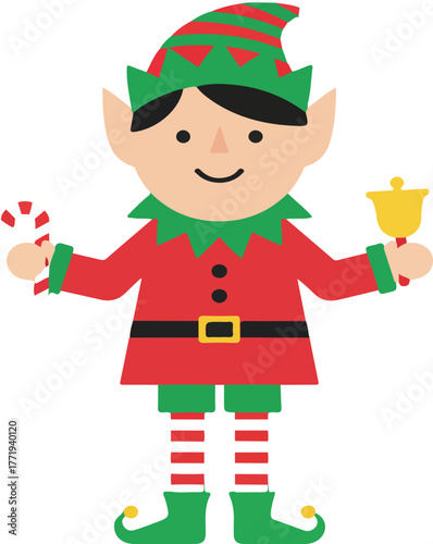 Cute Christmas elf holding candy cane and bell – festive flat vector illustration