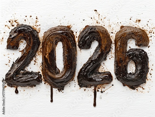 Invitación decorativa para celebrar el nuevo año 2026, hecho de pasta de chocolate derretida con polvo de chocolate y praliné, al estar caliente se desprenden gotas sobre fondo blanco con textura 