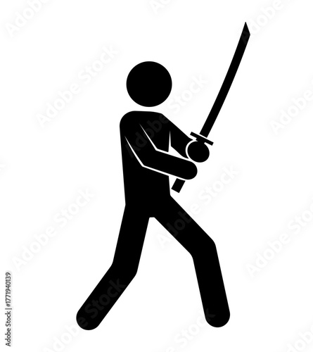 Stickman warrior holding samurai sword in fighting stance. Black and white minimalist vector illustration showing martial arts pose, Japanese katana weapon, traditional combat, and discipline concept.