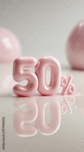 50% (fifty percent) sale animation (jump). Cute pink 3D inflatable text for Black Friday, holiday shopping, or beauty product discounts. 