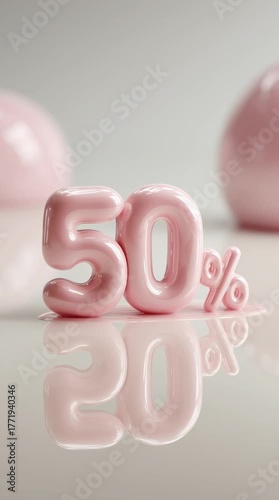 50% (fifty percent) sale animation (jump). Cute pink 3D inflatable text for Black Friday, holiday shopping, or beauty product discounts. 