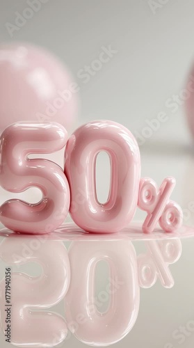 50% (fifty percent) sale animation. Cute pink 3D inflatable text for Black Friday, holiday shopping, or beauty product discounts. 