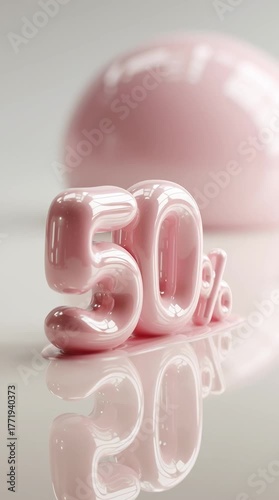 50% (fifty percent) sale animation (jump). Cute pink 3D inflatable text for Black Friday, holiday shopping, or beauty product discounts. 