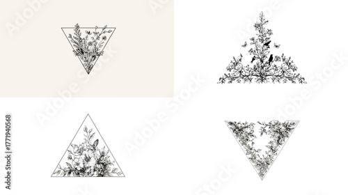 Black and white triangle botanical composition with fine line foliage. Elegant minimal nature drawing combining geometry and plants, ideal for tattoos, prints, and decorative design.