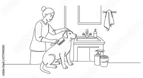 Woman grooming dog at sink with pet care products in bathroom  