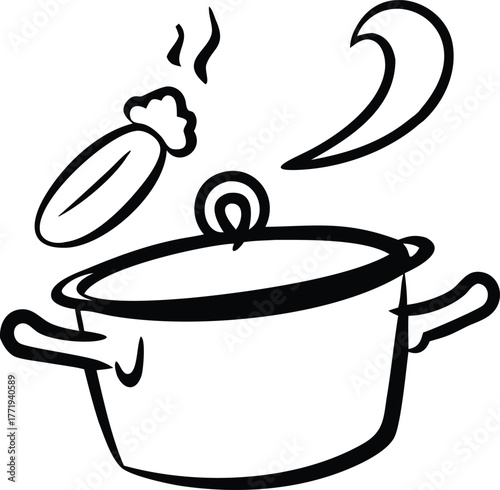 Simple hand drawn illustration of a steaming pot with a carrot and a wavy steam line representing cooking and healthy food preparation