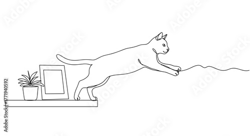 Cat leaping towards line vector on shelf with plant and picture frame  
