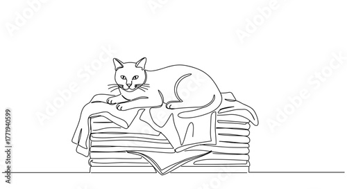 Cat resting on a stack of folded blankets in a minimalist line vector  