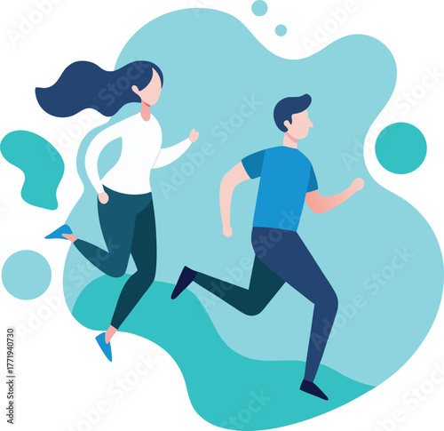 Energetic young man and woman running together in a dynamic abstract blue green fluid background representing health and fitness activity