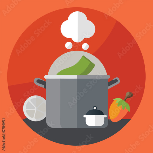Flat design illustration of a steaming cooking pot with vegetables and herbs representing healthy food preparation and culinary arts in a kitchen setting