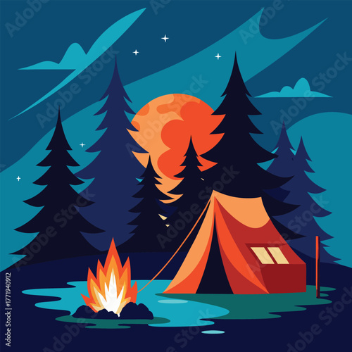 Vibrant illustration of a cozy campsite at night with a glowing orange moon behind silhouetted pine trees and a warm campfire illuminating a tent