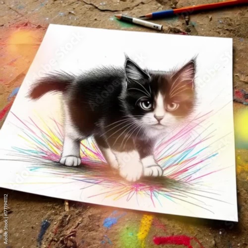 Small kitten sitting on a white piece of paper with a curious and innocent mood against a simple background with copy space